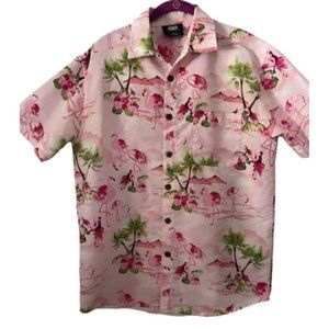 Lowes Men Pink Short Sleeve Camp Flamingo Hawaiian Button Down Shirt Size Small